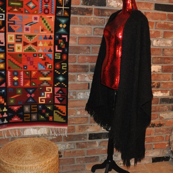 100% Mohair Black Knit Sweater Open Poncho Wrap Shawl Fringe O/S South Africa - Picture 2 of 6